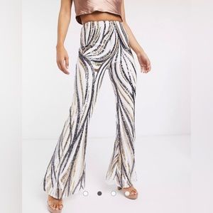 Club L London sequin flared pants in white & silver (new with defects)